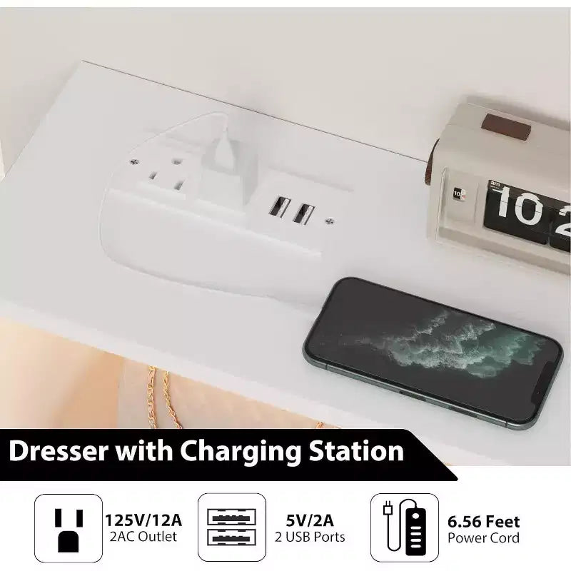 6-Drawer Dresser with Charging Station - Freestanding Storage Cabinet for Bedroom Living Room