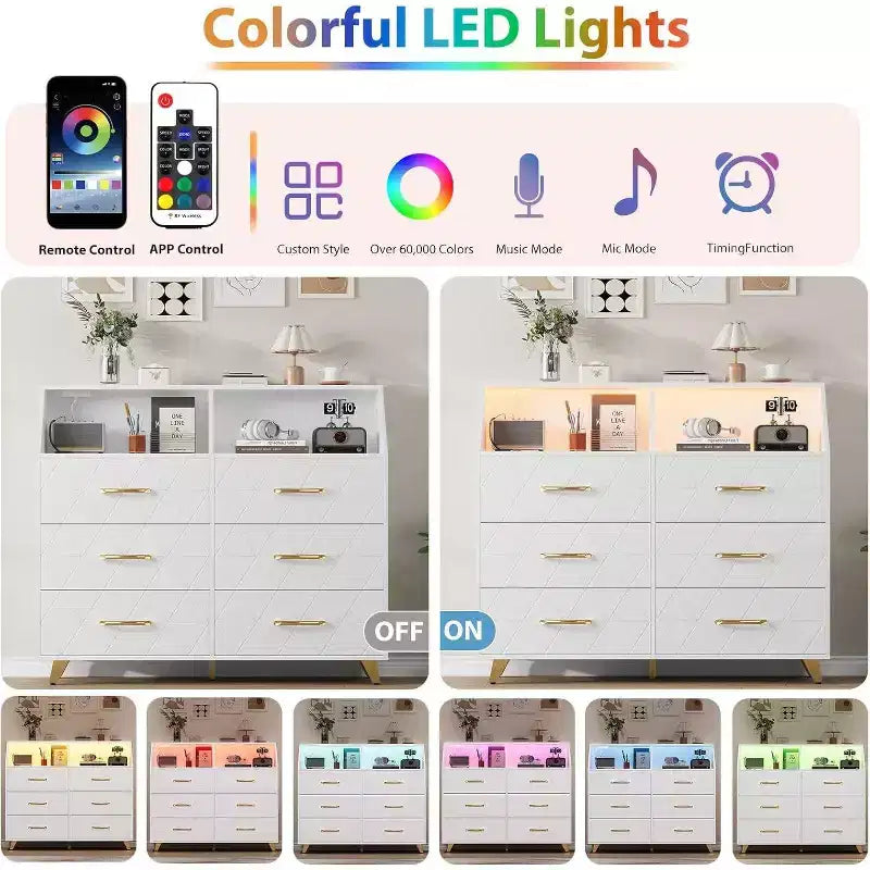 6-Drawer Dresser with Charging Station - Freestanding Storage Cabinet for Bedroom Living Room
