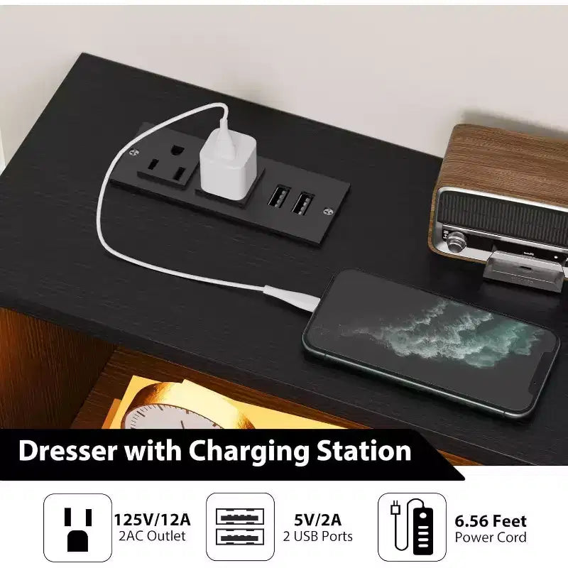 6-Drawer Dresser with Charging Station - Freestanding Storage Cabinet for Bedroom Living Room