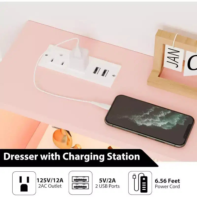 6-Drawer Dresser with Charging Station - Freestanding Storage Cabinet for Bedroom Living Room