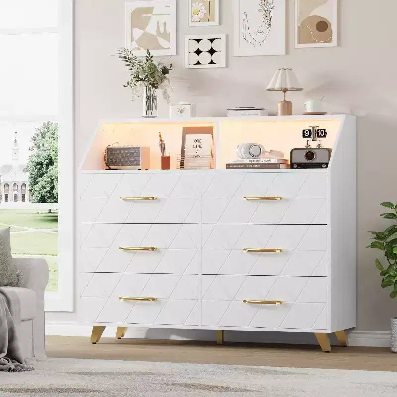 6-Drawer Dresser with Charging Station - Freestanding Storage Cabinet for Bedroom Living Room