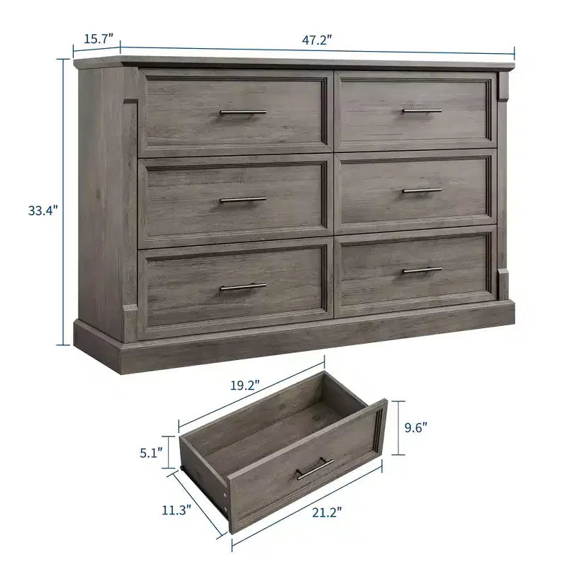 GustoWave 6 Drawer Dresser for Bedroom, Farmhouse 47.2 Wide Chest of Drawers, Rustic Double Wood Dresser, Storage Dressers Organizer for Living Room