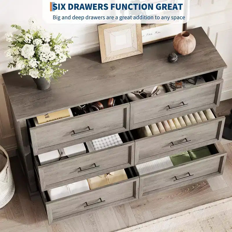 GustoWave 6 Drawer Dresser for Bedroom, Farmhouse 47.2 Wide Chest of Drawers, Rustic Double Wood Dresser, Storage Dressers Organizer for Living Room