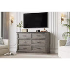 GustoWave 6 Drawer Dresser for Bedroom, Farmhouse 47.2 Wide Chest of Drawers, Rustic Double Wood Dresser, Storage Dressers Organizer for Living Room