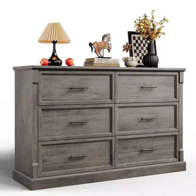 GustoWave 6 Drawer Dresser for Bedroom, Farmhouse 47.2 Wide Chest of Drawers, Rustic Double Wood Dresser, Storage Dressers Organizer for Living Room