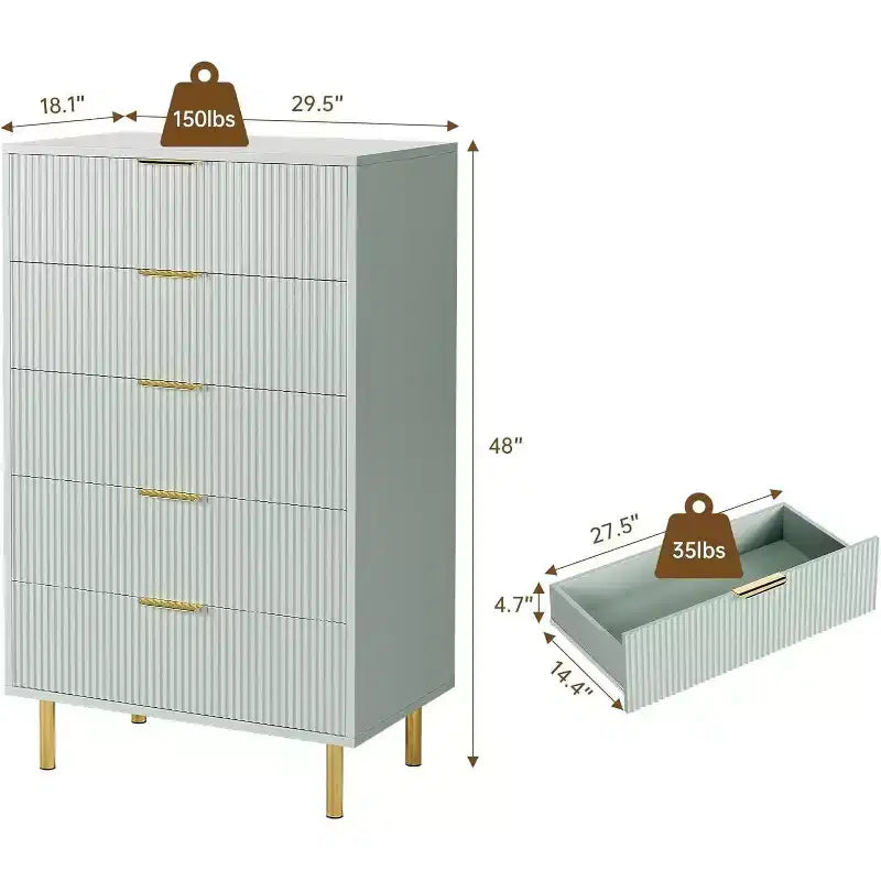 Modern 5-Drawer Dresser - Gold Handle Large Storage for Bedroom & Living Room