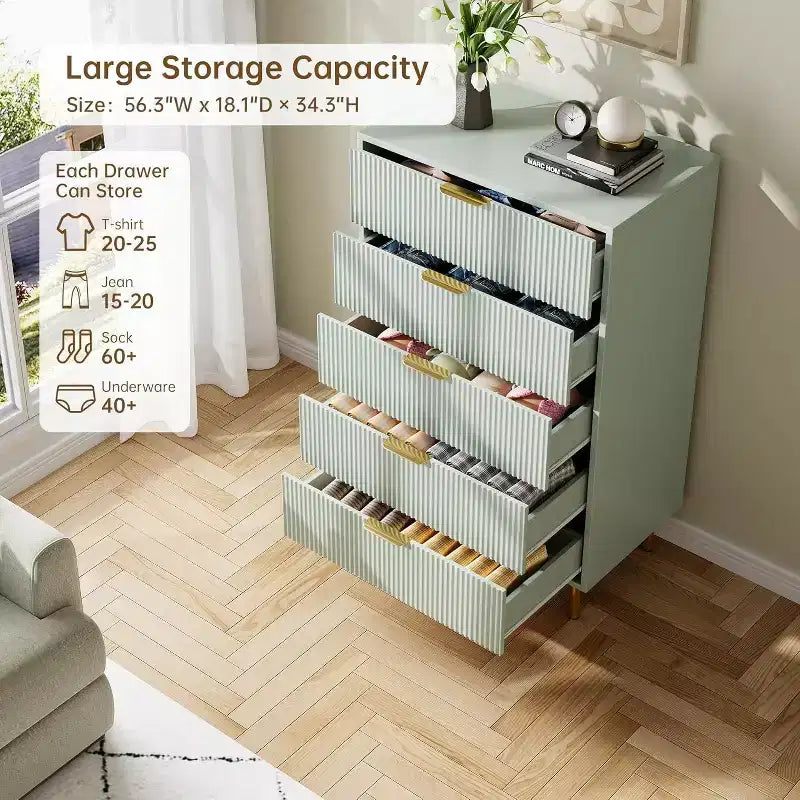 Modern 5-Drawer Dresser - Gold Handle Large Storage for Bedroom & Living Room