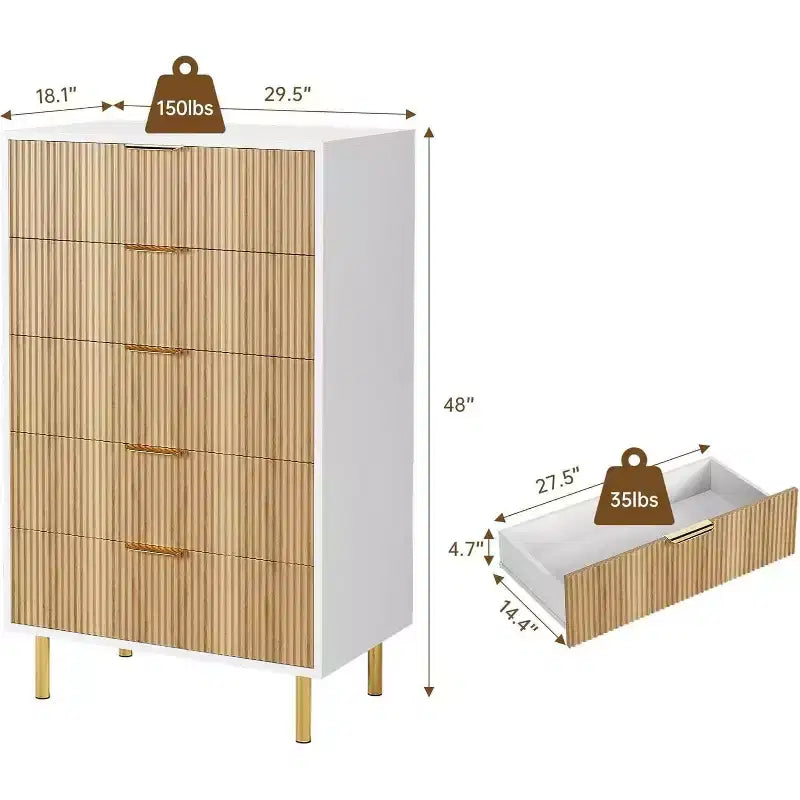 Modern 5-Drawer Dresser - Gold Handle Large Storage for Bedroom & Living Room