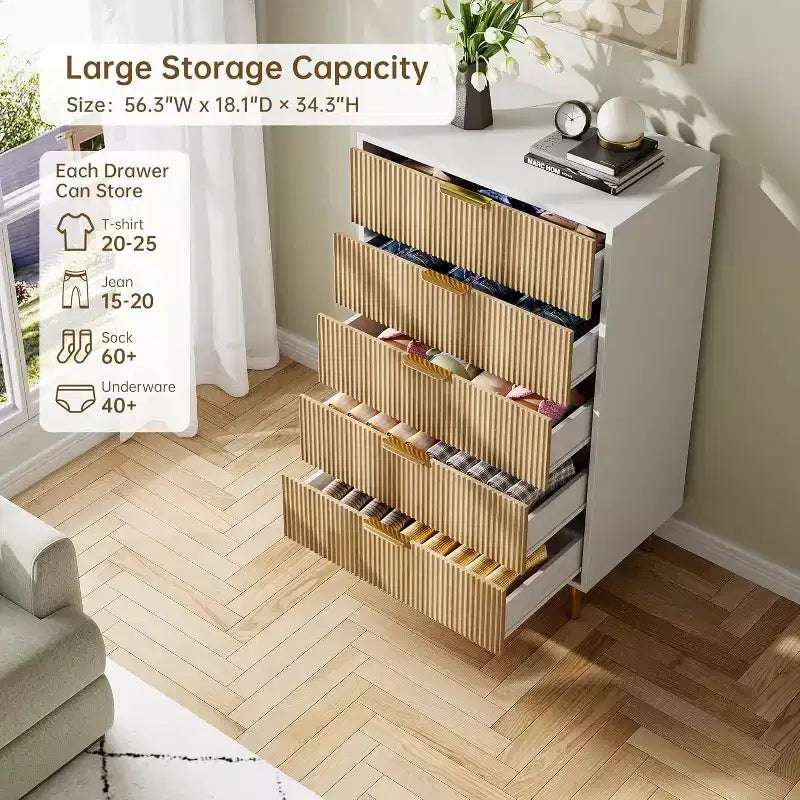 Modern 5-Drawer Dresser - Gold Handle Large Storage for Bedroom & Living Room