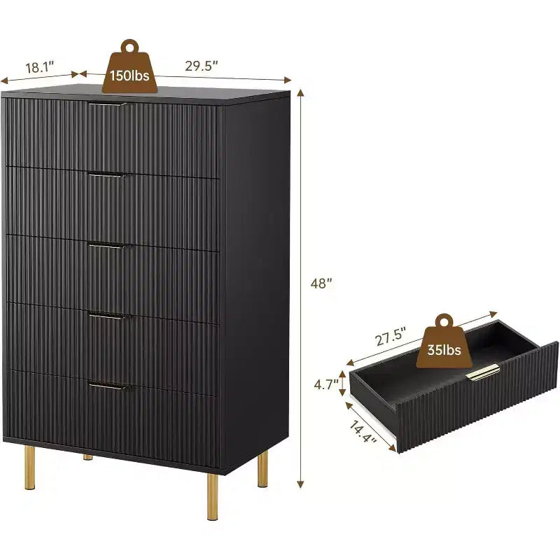 Modern 5-Drawer Dresser - Gold Handle Large Storage for Bedroom & Living Room