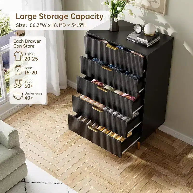 Modern 5-Drawer Dresser - Gold Handle Large Storage for Bedroom & Living Room