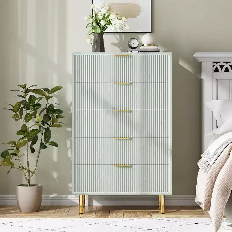 Modern 5-Drawer Dresser - Gold Handle Large Storage for Bedroom & Living Room