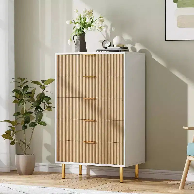 Modern 5-Drawer Dresser - Gold Handle Large Storage for Bedroom & Living Room