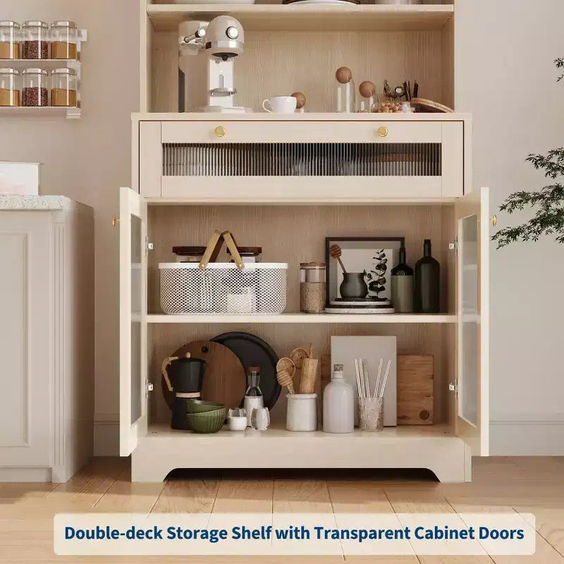62-Inch Kitchen Pantry Cabinet Freestanding Storage Cupboard with 5-Tier Shelf, Drawer,2 Glass Doors & Adjustable Shelves
