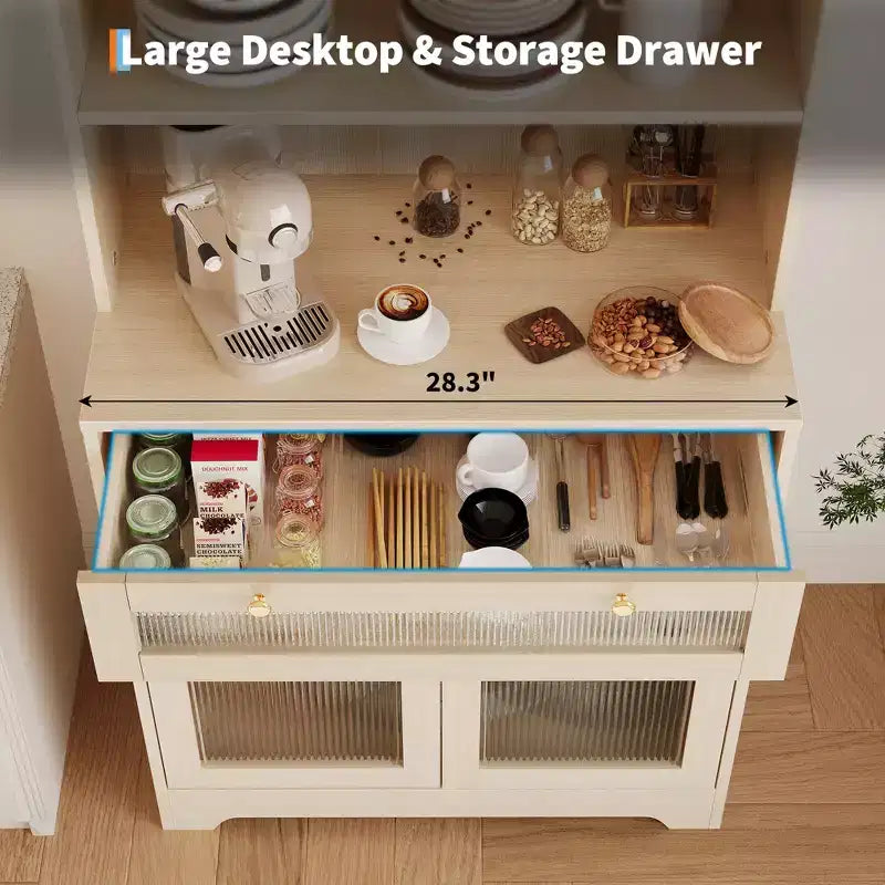 62-Inch Kitchen Pantry Cabinet Freestanding Storage Cupboard with 5-Tier Shelf, Drawer,2 Glass Doors & Adjustable Shelves