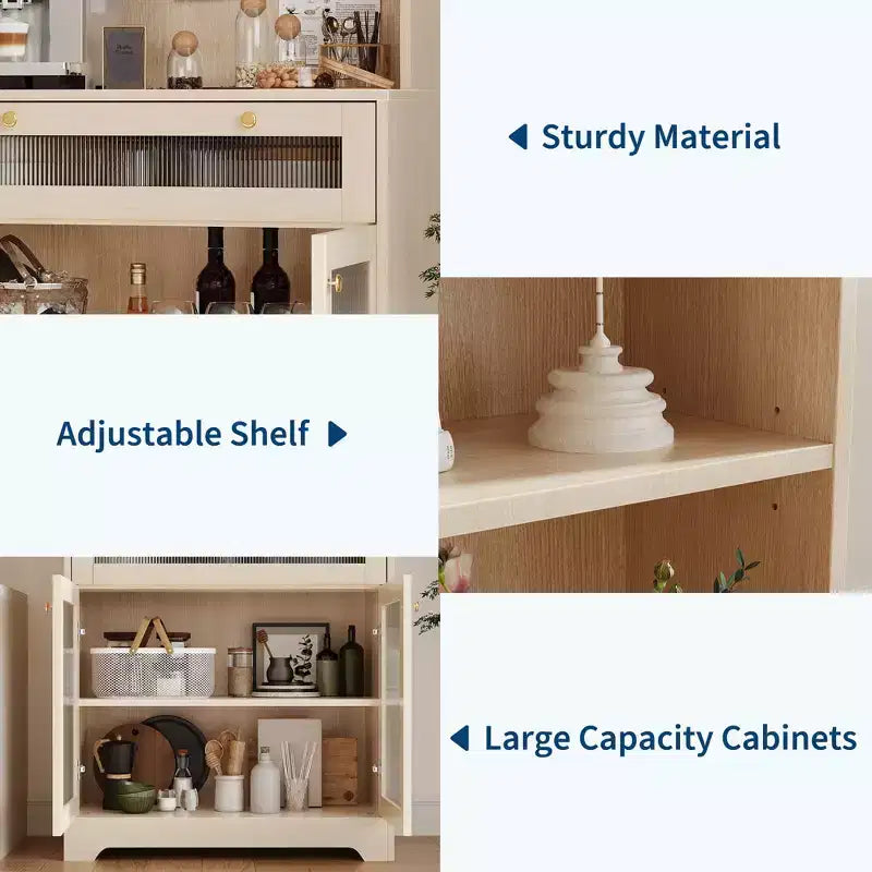 62-Inch Kitchen Pantry Cabinet Freestanding Storage Cupboard with 5-Tier Shelf, Drawer,2 Glass Doors & Adjustable Shelves