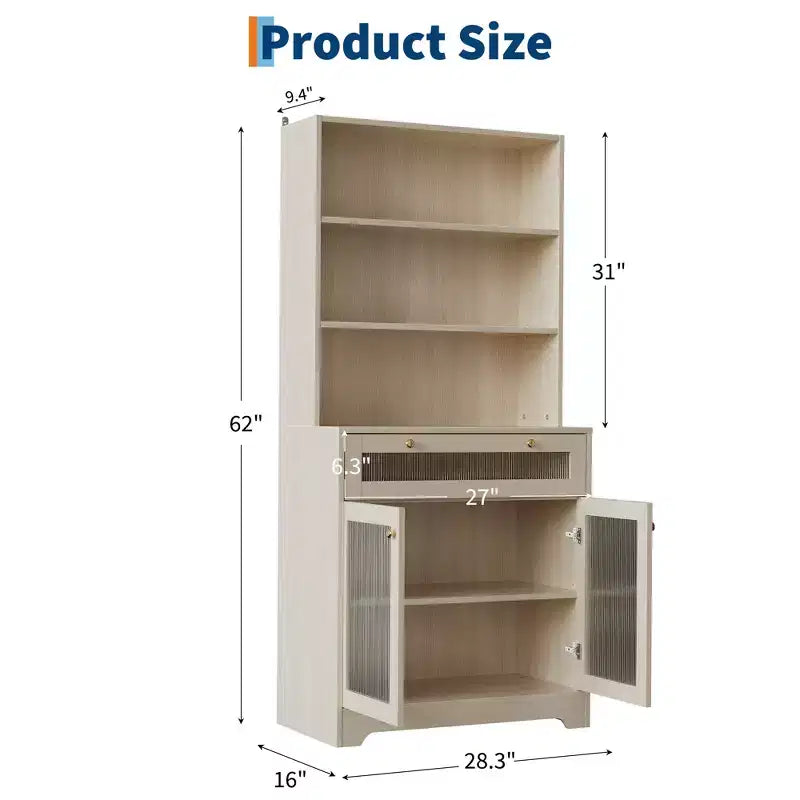 62-Inch Kitchen Pantry Cabinet Freestanding Storage Cupboard with 5-Tier Shelf, Drawer,2 Glass Doors & Adjustable Shelves