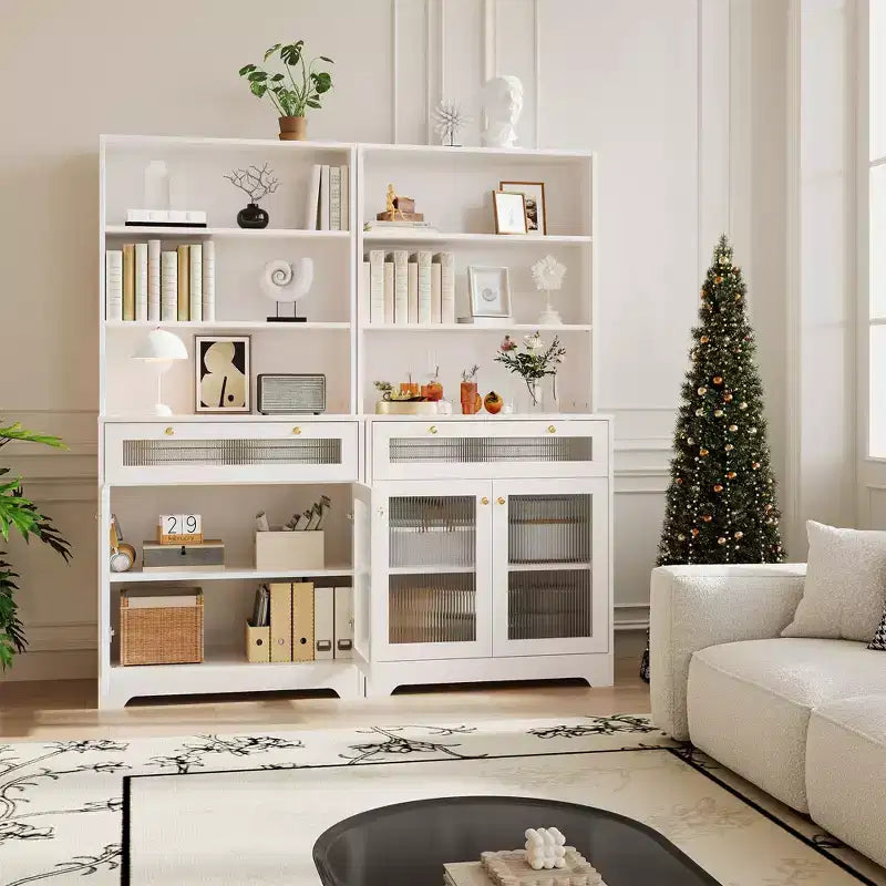 62-Inch Kitchen Pantry Cabinet Freestanding Storage Cupboard with 5-Tier Shelf, Drawer,2 Glass Doors & Adjustable Shelves