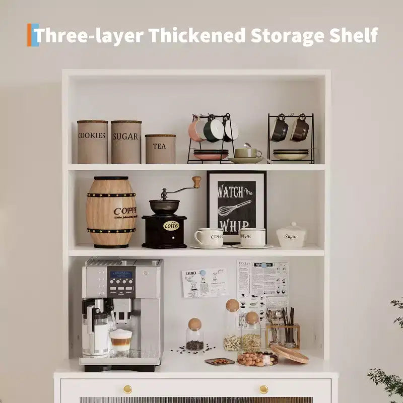 62-Inch Kitchen Pantry Cabinet Freestanding Storage Cupboard with 5-Tier Shelf, Drawer,2 Glass Doors & Adjustable Shelves