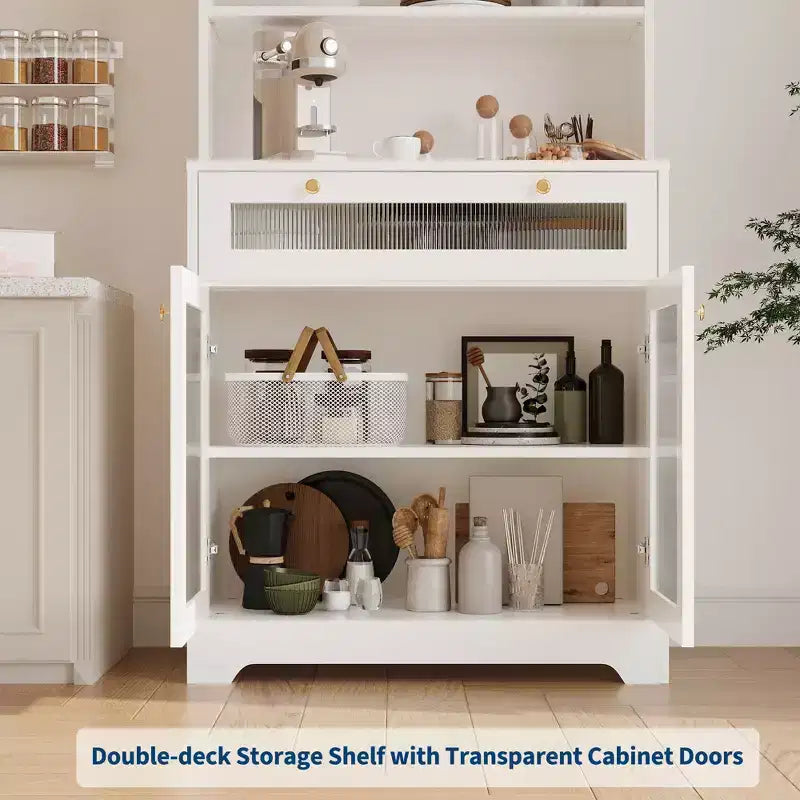 62-Inch Kitchen Pantry Cabinet Freestanding Storage Cupboard with 5-Tier Shelf, Drawer,2 Glass Doors & Adjustable Shelves