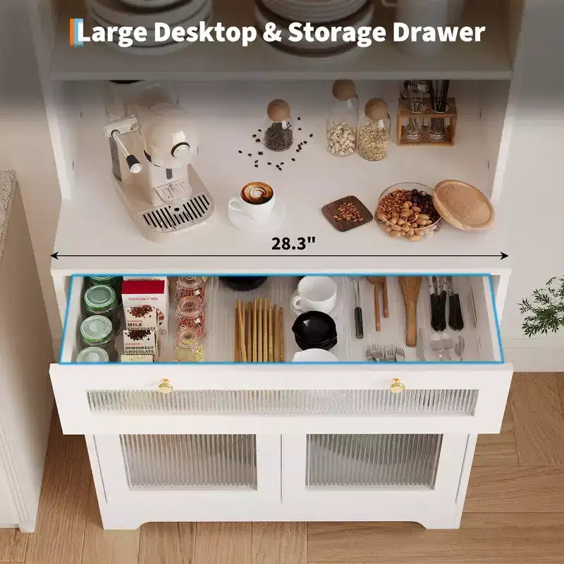 62-Inch Kitchen Pantry Cabinet Freestanding Storage Cupboard with 5-Tier Shelf, Drawer,2 Glass Doors & Adjustable Shelves