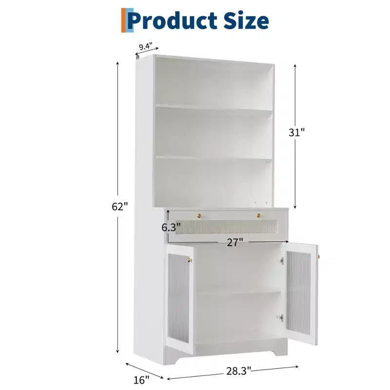 62-Inch Kitchen Pantry Cabinet Freestanding Storage Cupboard with 5-Tier Shelf, Drawer,2 Glass Doors & Adjustable Shelves