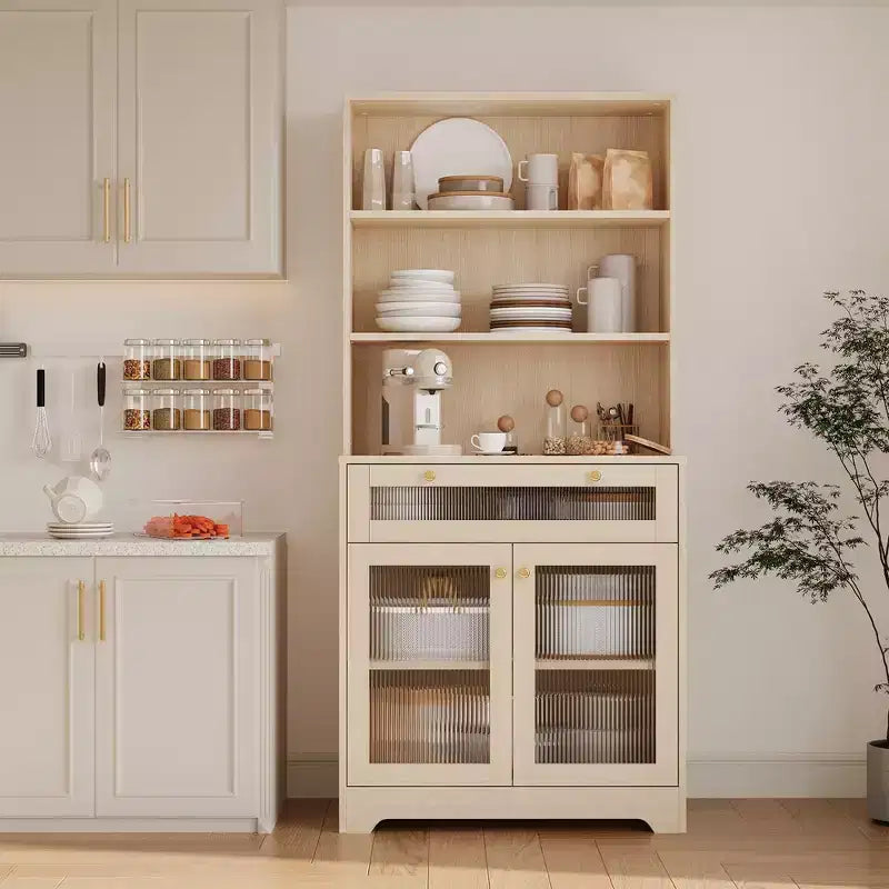 62-Inch Kitchen Pantry Cabinet Freestanding Storage Cupboard with 5-Tier Shelf, Drawer,2 Glass Doors & Adjustable Shelves