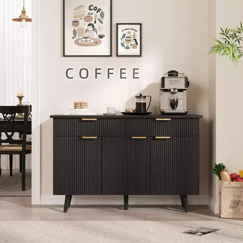 47 Inch Sideboard Buffet Cabinet, Wood Storage Cabinet with 3 Fluted Doors, Adjustable Shelves and 2 Drawers, for Living Room, Dining Room- Black