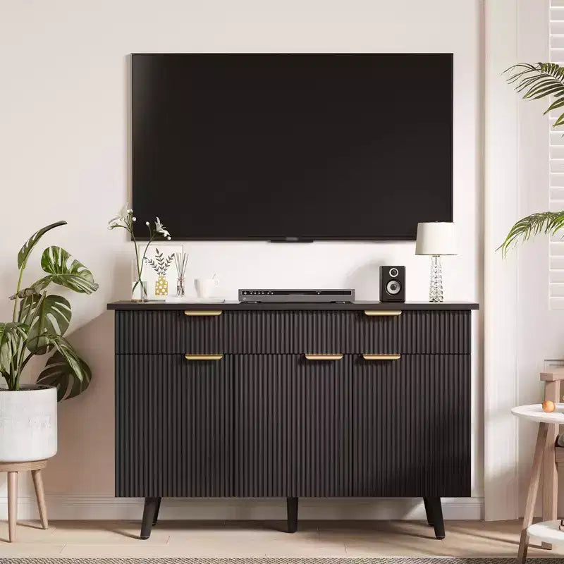 47 Inch Sideboard Buffet Cabinet, Wood Storage Cabinet with 3 Fluted Doors, Adjustable Shelves and 2 Drawers, for Living Room, Dining Room- Black