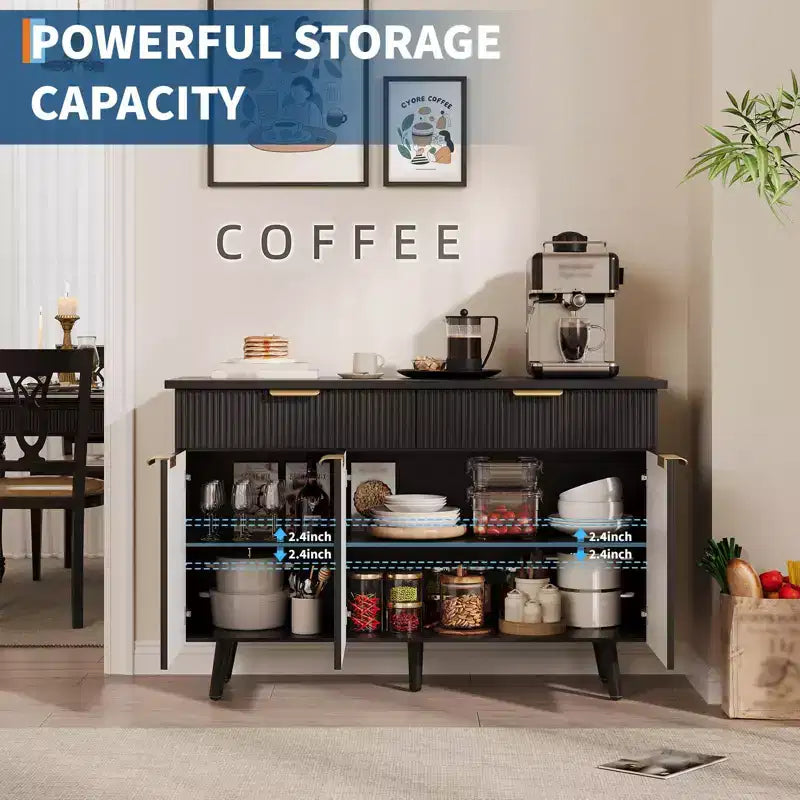 47 Inch Sideboard Buffet Cabinet, Wood Storage Cabinet with 3 Fluted Doors, Adjustable Shelves and 2 Drawers, for Living Room, Dining Room- Black