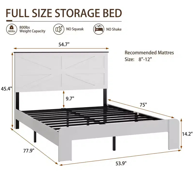 Full Size Wood Platform Bed Frame with Headboard, Noise-Free Design, No Box Spring Needed, Large Under-Bed Storage, Easy Assembly, White