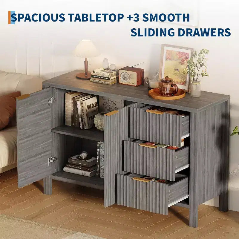 46.5 Fluted Sideboard Buffet Cabinet with 2 Doors & 3 Drawers, Sideboard Console Table Accent Credenza for Entryway, Living Room, Dinning Room