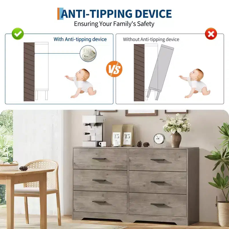 6-Drawer Chest of Drawers with Deep Drawers and Anti-Tip Device, Modern Dresser for Home, Office & Living Room