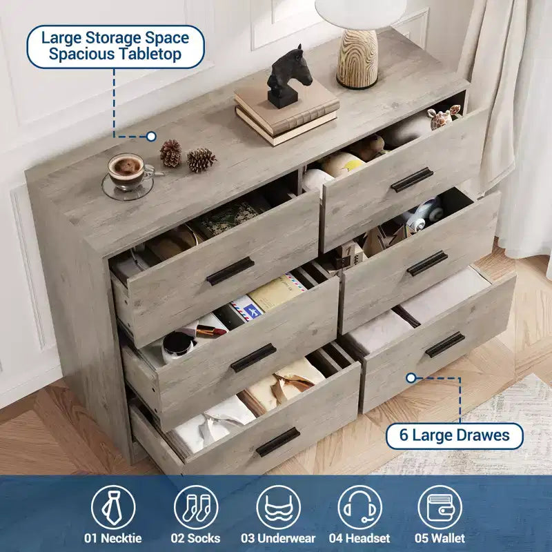 6-Drawer Chest of Drawers with Deep Drawers and Anti-Tip Device, Modern Dresser for Home, Office & Living Room