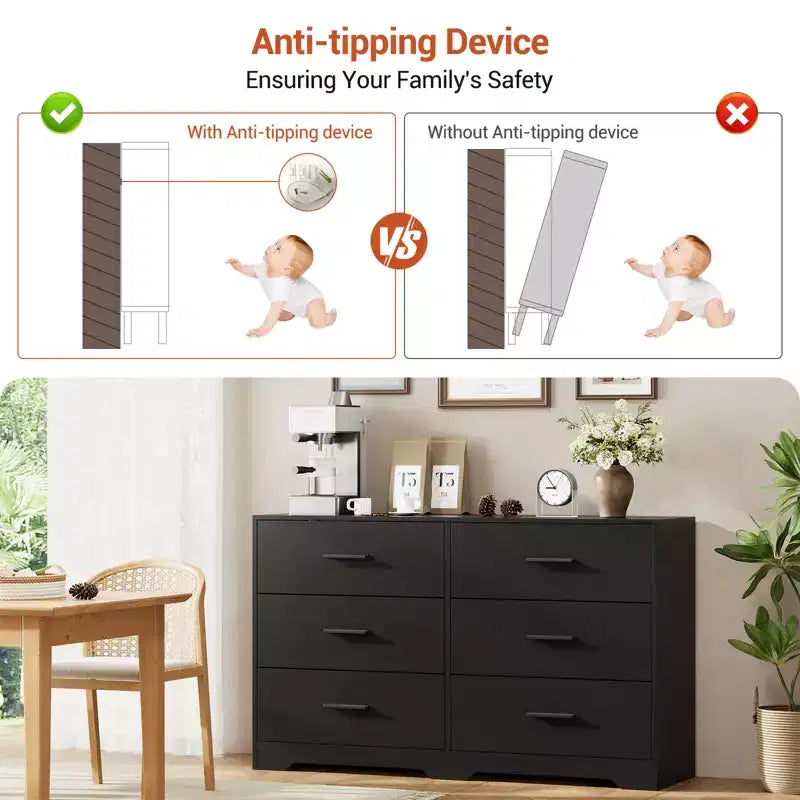 6-Drawer Chest of Drawers with Deep Drawers and Anti-Tip Device, Modern Dresser for Home, Office & Living Room