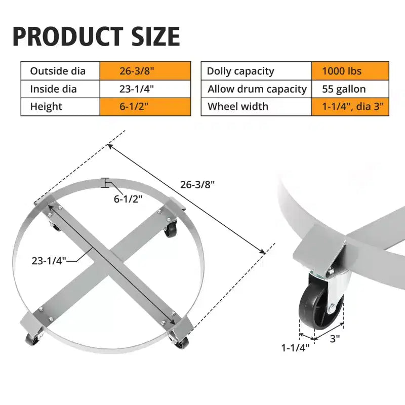 Drum Cart, 4-Wheel Cart - 2 Pack Without Brake Rollers, Heavy-Duty for Industrial Use, Warehouses, Factories