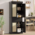 GustoWave Bathroom Pantry Cabinet, Tall Storage Cabinet with Rattan Doors and Adjustable Shelves, Freestanding Cupboard with Drawer for Kitchen, Black