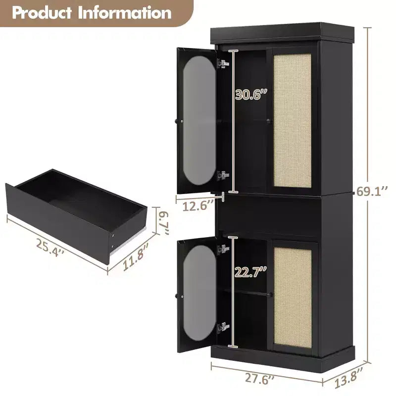 GustoWave Bathroom Pantry Cabinet, Tall Storage Cabinet with Rattan Doors and Adjustable Shelves, Freestanding Cupboard with Drawer for Kitchen, Black