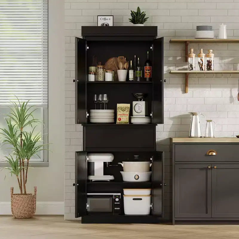 GustoWave Bathroom Pantry Cabinet, Tall Storage Cabinet with Rattan Doors and Adjustable Shelves, Freestanding Cupboard with Drawer for Kitchen, Black