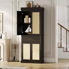 GustoWave Bathroom Pantry Cabinet, Tall Storage Cabinet with Rattan Doors and Adjustable Shelves, Freestanding Cupboard with Drawer for Kitchen, Black