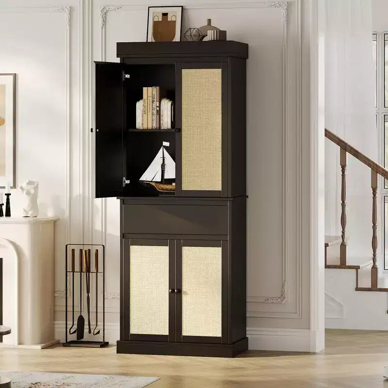 GustoWave Bathroom Pantry Cabinet, Tall Storage Cabinet with Rattan Doors and Adjustable Shelves, Freestanding Cupboard with Drawer for Kitchen, Black