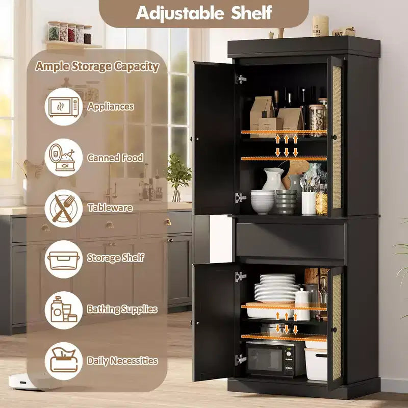 GustoWave Bathroom Pantry Cabinet, Tall Storage Cabinet with Rattan Doors and Adjustable Shelves, Freestanding Cupboard with Drawer for Kitchen, Black