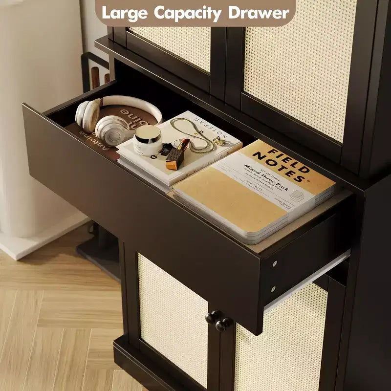 GustoWave Bathroom Pantry Cabinet, Tall Storage Cabinet with Rattan Doors and Adjustable Shelves, Freestanding Cupboard with Drawer for Kitchen, Black