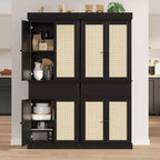 GustoWave Bathroom Pantry Cabinet, Tall Storage Cabinet with Rattan Doors and Adjustable Shelves, Freestanding Cupboard with Drawer for Kitchen, Black