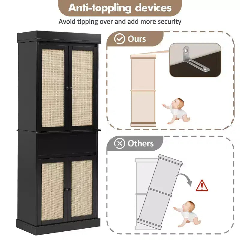 GustoWave Bathroom Pantry Cabinet, Tall Storage Cabinet with Rattan Doors and Adjustable Shelves, Freestanding Cupboard with Drawer for Kitchen, Black