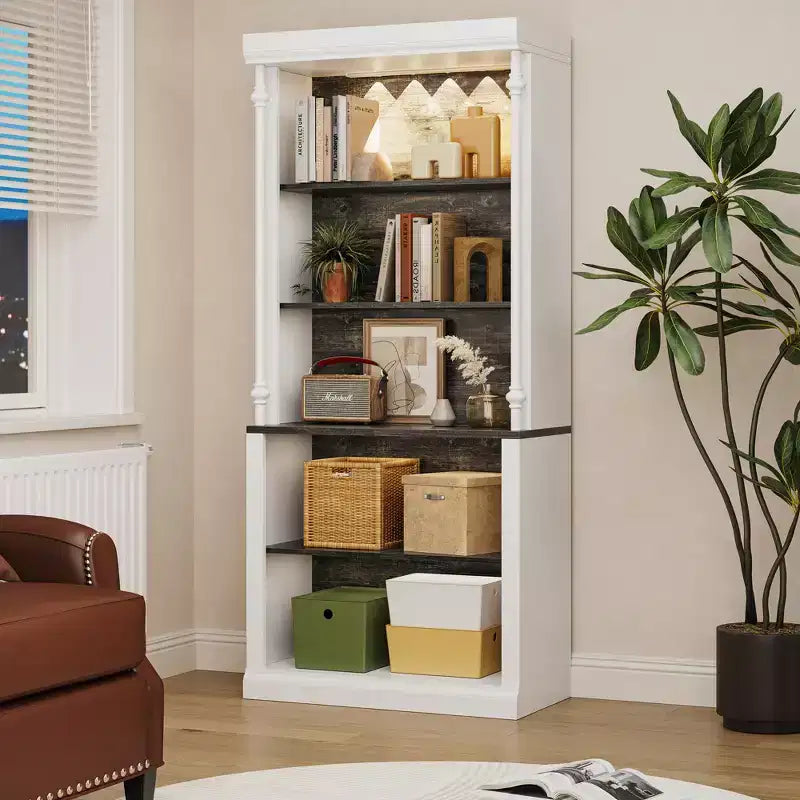 71 Tall Bookshelf, 5-Tier White Open Bookcase with Adjustable Shelves, Roman Column Style Floor Standing Wooden Storage Organizer