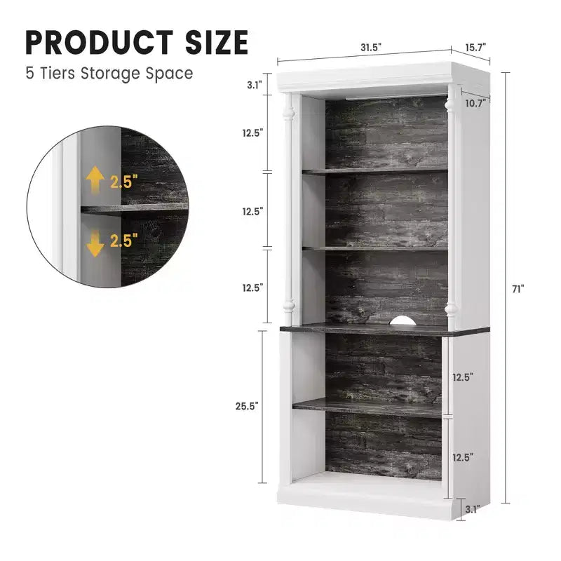 71 Tall Bookshelf, 5-Tier White Open Bookcase with Adjustable Shelves, Roman Column Style Floor Standing Wooden Storage Organizer