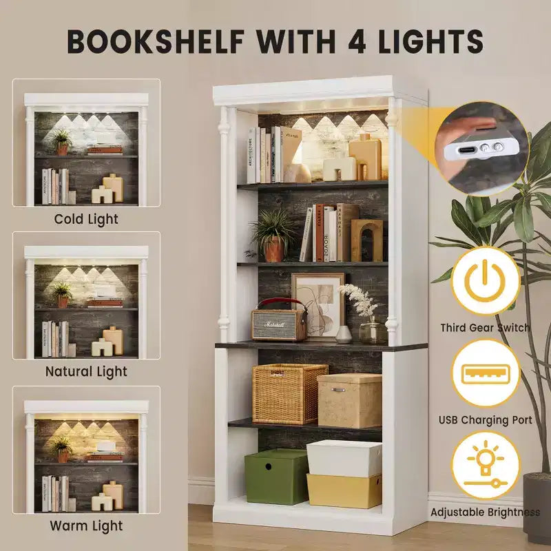 71 Tall Bookshelf, 5-Tier White Open Bookcase with Adjustable Shelves, Roman Column Style Floor Standing Wooden Storage Organizer