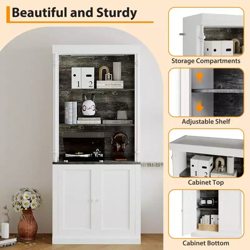 71 Tall Bookshelf, 5-Tier White Open Bookcase with Adjustable Shelves, Roman Column Style Floor Standing Wooden Storage Organizer