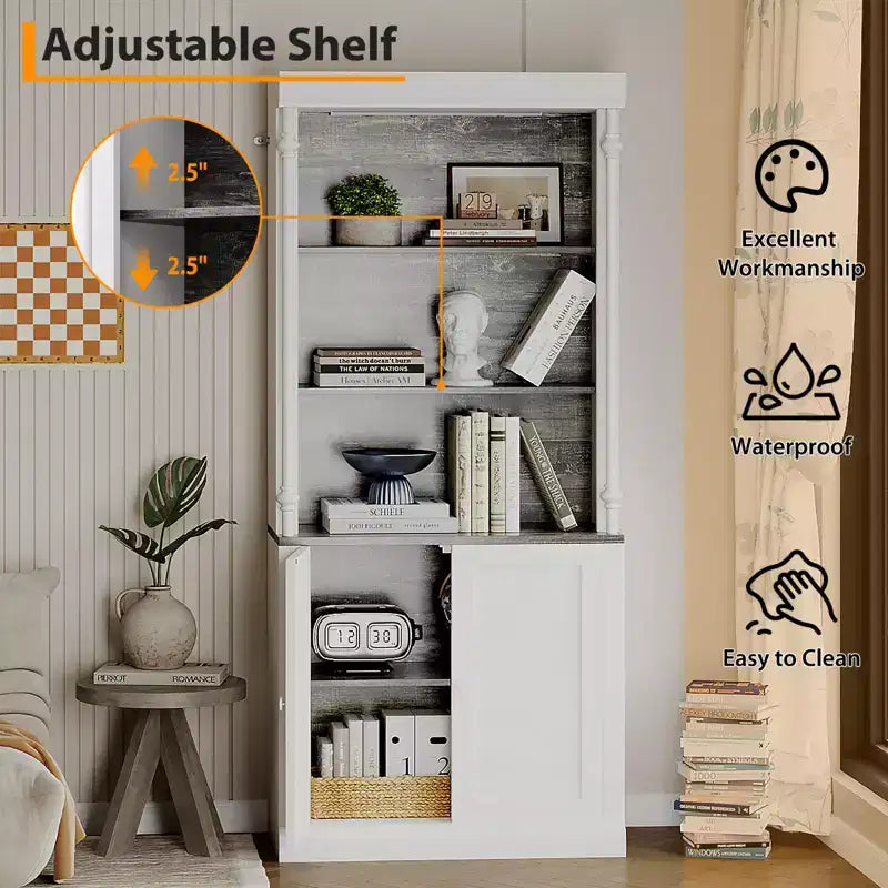 71 Tall Bookshelf, 5-Tier White Open Bookcase with Adjustable Shelves, Roman Column Style Floor Standing Wooden Storage Organizer